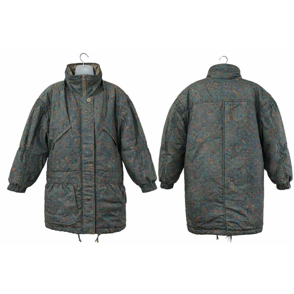 Vintage East West 90s Aztec Geometric Long Puffer Parka – Iridescent Lining Smal